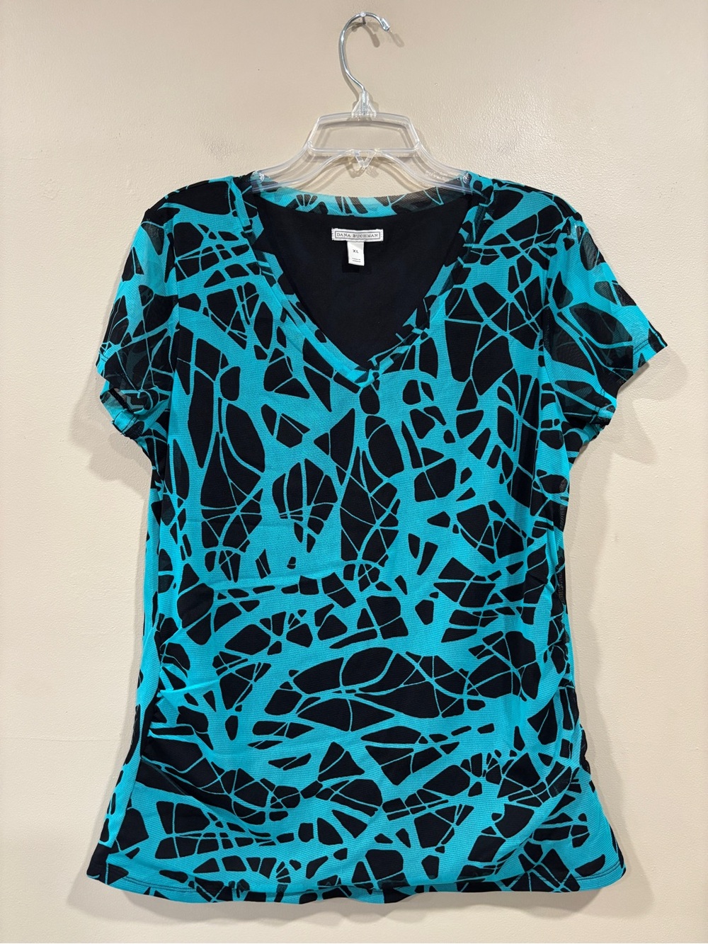 Dana Buchman Geometric Print Nylon Mesh V-Neck Shirt Top Women’s Size XL